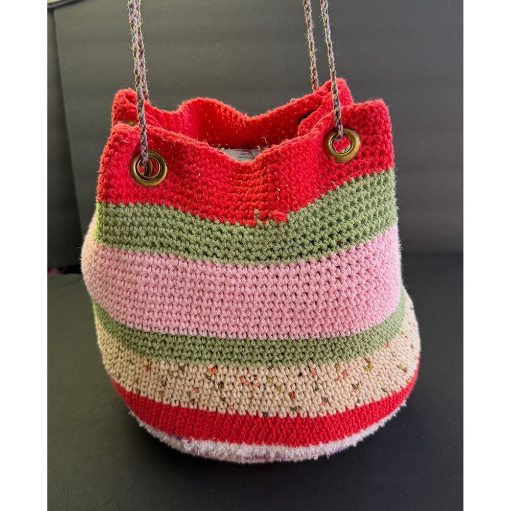 Handcrafted Crochet Bucket Bag Pink Green Striped Boho Drawstring Purse Whimsy - Picture 3 of 12